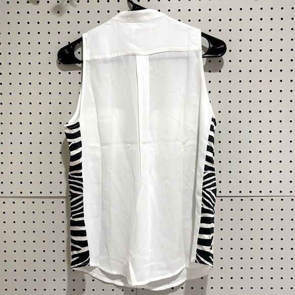 Line & Dot Blouse Large White Sleeveless Zebra Neon Button Tank Work Casual NWT - Picture 2 of 4